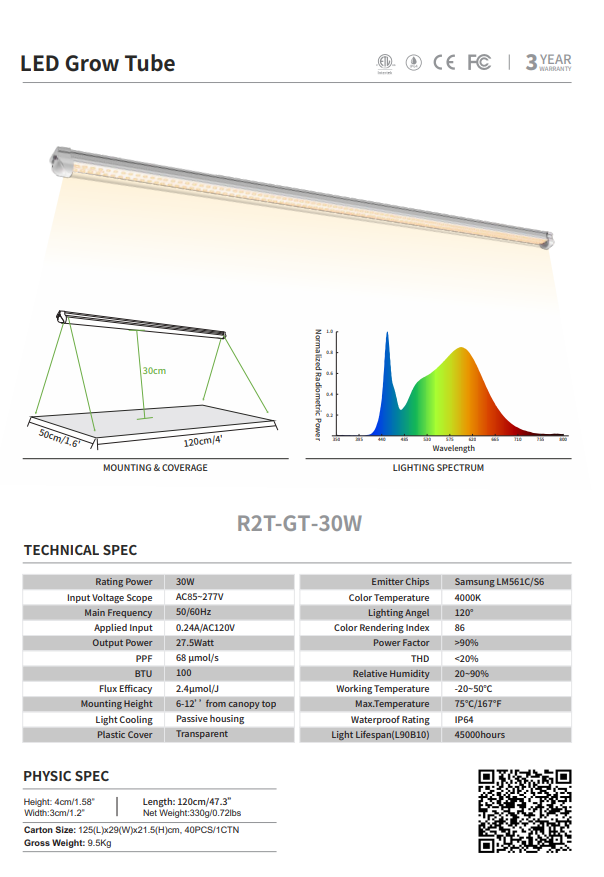 Tubo de cultivo LED Samsung 561C de 30W